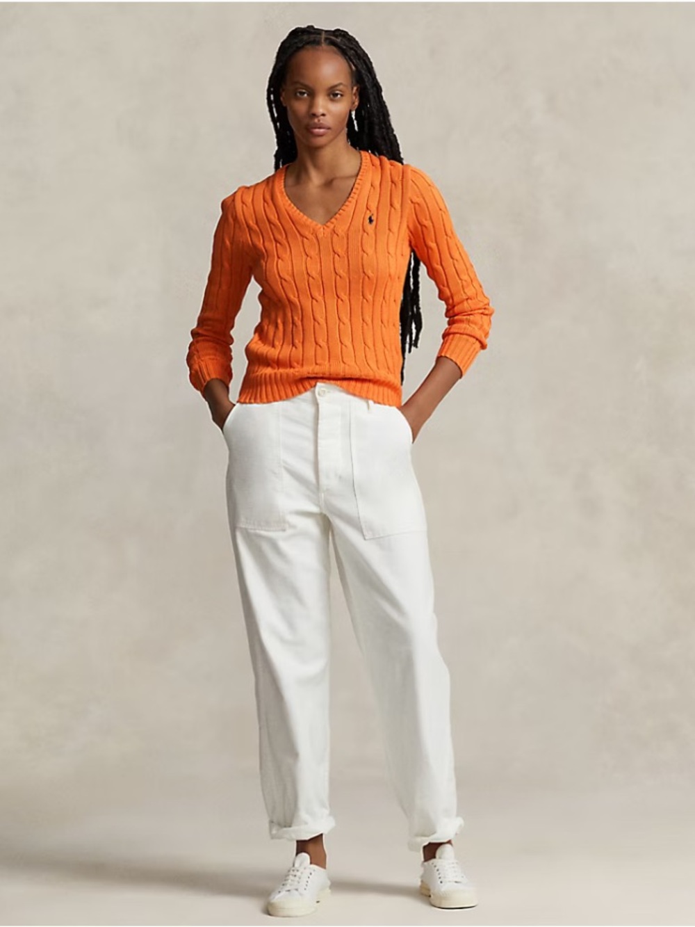 NWT Polo Ralph Lauren Cable-Knit Cotton V-Neck Sweater Women’s XS Sun Orange